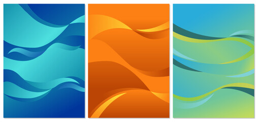Obraz premium A collection of three distinctive abstract graphic designs featuring flowing, wave-like curves, presented in three primary colors: deep blue, warm golden orange, and refreshing turquoise green.