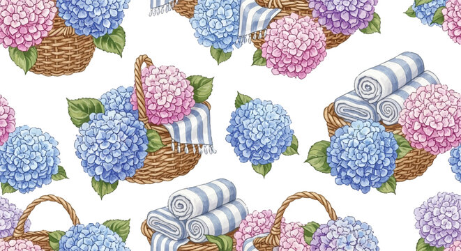 Vintage Floral Picnic Pattern with Pink and Blue Hydrangeas in Wicker Baskets and Striped Towels