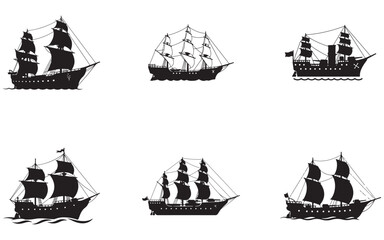 Collection of Pirate Ships Silhouettes on Transparent Background