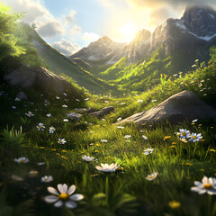 Fototapeta premium Golden Light Over Rocky Valley Filled with Daisies
