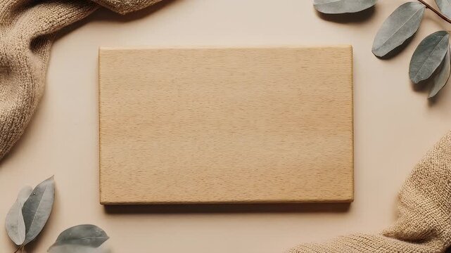 Minimalist flat lay composition with blank kraft paper box and eucalyptus leaves.