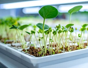 Sprouts rise from soil under a bright lamp in a white tray, tiny seeds and tender leaves pointing up
