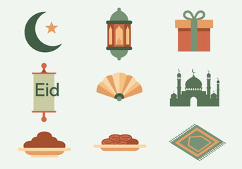 Fototapeta premium Eid celebration elements including crescent moon, lantern, gift, banner, fan, mosque, dates, and decorative pattern via RJ ImageFX