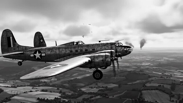 World War II Bomber Plane Flying Over Landscape.