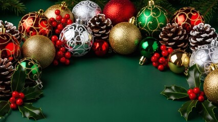 Christmas Ornaments and Pinecones on Green Background.