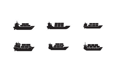 Set of Cargo Ships Silhouettes on Transparent Background