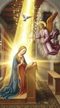 Archangel Gabriel proclaims the Annunciation to the Virgin Mary, announcing her divine conception of Jesus Christ, Son of God, for humanity's salvation, a profound Christian gospel event