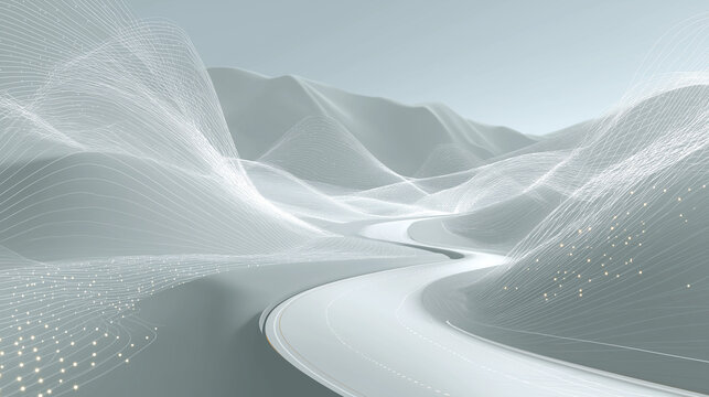 Serene digital terrain: A digitally rendered landscape evokes a sense of calm and limitless possibilities. The image's clean lines and soft gradients create a feeling of openness, serenity.