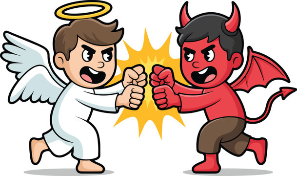 Cute Angel vs Devil Cartoon Illustration Set Good and Evil Comic Clash