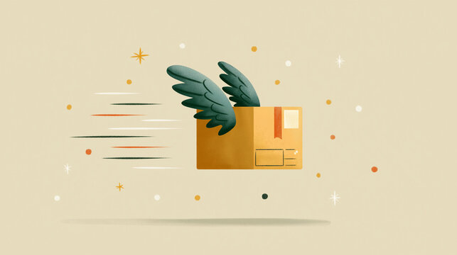 Swift Delivery: A dynamically designed illustration depicts a package with wings soaring through the air, symbolizing rapid and efficient delivery. This image conveys a sense of speed, reliability.