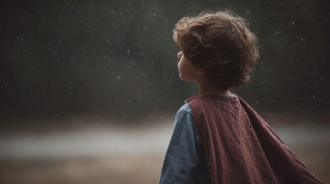 Young boy standing in the rain. he is facing away from the camera, with his back towards the viewer. the boy has curly brown hair and is wearing a maroon cape over his shoulders.