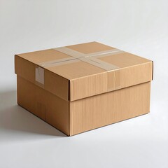 Square cardboard box, closed with clear tape, sits on a white surface against a plain white background