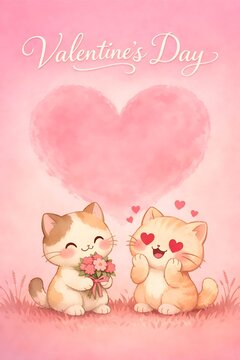 Cute Valentine Cats with Heart Background and Flowers &ndash; Adorable Romantic Illustration