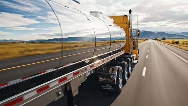 Highway Hauler: A colossal tanker truck glides along a vast, open highway, reflecting the boundless sky and undulating terrain. Evoking a sense of limitless journey and dependable transport