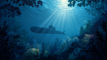 Obraz premium Silent Hunter: A submarine glides stealthily through the deep ocean waters, its silhouette framed by the sun's rays filtering through the surface.