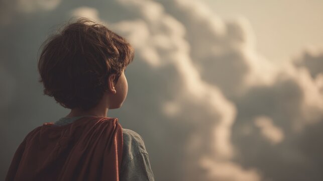 Young boy standing in front of a cloudy sky. he is facing away from the camera, with his back towards the viewer. the boy has short, curly hair and is wearing a red cape over his shoulders.