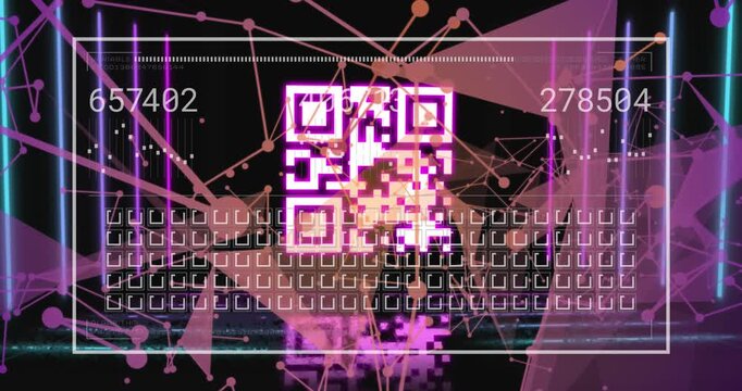 Animation of qr code over network of connections and data processing
