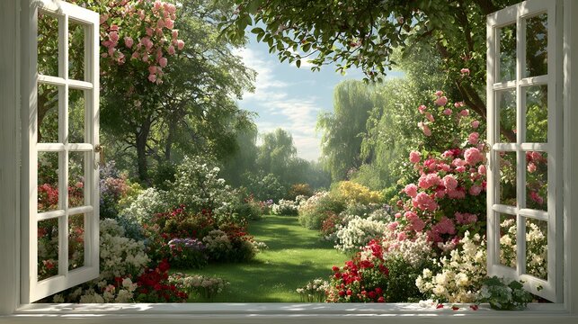 View through an open white french window looking out onto a lush green sunny garden filled with blooming flowers and bright warm sunlight.