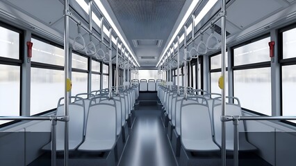 Empty bus interior modern design with rows of seats and overhead rails