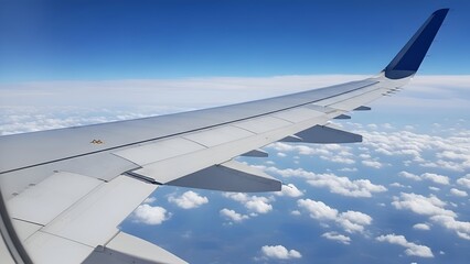Airplane wing soaring above clouds against a vibrant blue sky