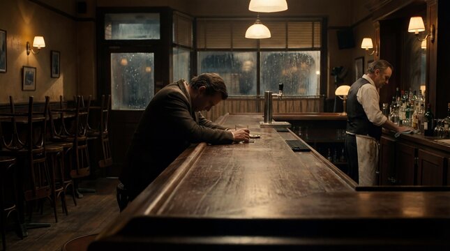 Lonely figure sitting at bar counter during closing hours