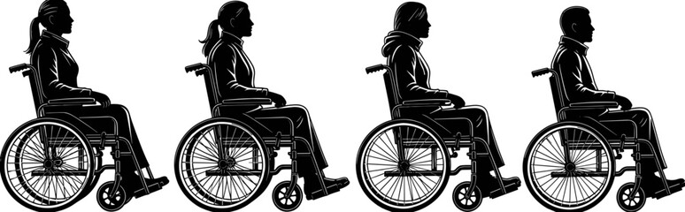 Obraz premium Black silhouettes of diverse people using manual wheelchairs representing accessibility, medical rehabilitation, disability rights, and inclusive mobility for healthcare design
