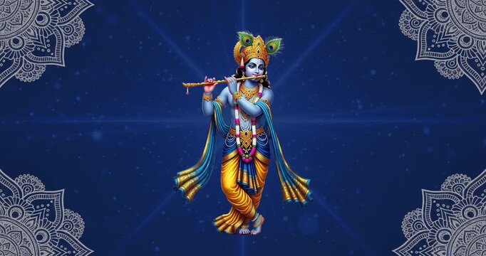 Lord Krishna Full Body Illustration Playing Flute on Blue Ornamental Background, Hindu Spiritual Art for Janmashtami and Religious Design
