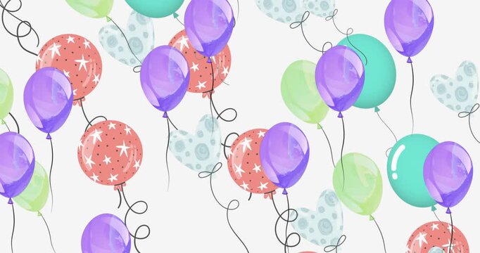 Animation of heart shaped balloons and stars on balloons moving on white background