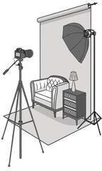 Photography Studio Setup with Armchair and Lighting Equipment.