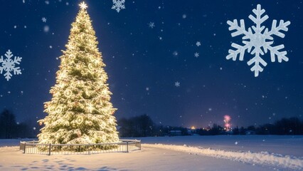 Christmas Tree in Snowy Landscape at Night.