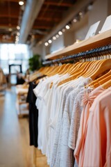 Casual chic clothing display in modern boutique featuring light fabrics and neutral tones