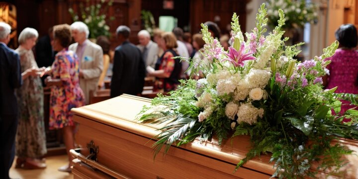 Floral arrangement on casket in funeral service with diverse attendees in background