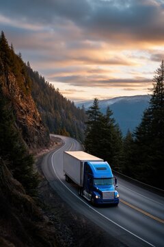 Blue semi truck on scenic mountain road at sunset with evergreen trees