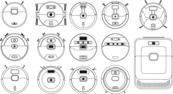 Top View Robotic Vacuum Cleaner Collection with Sensor Layouts, Brush Designs, Smart Home Cleaning Devices in Vector Illustration Format