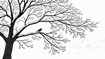 Solitary Bird on Winter Tree Branch Minimalist Black and White Art.