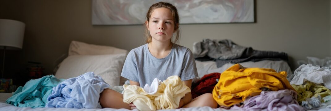 Young caucasian female teen sitting among colorful laundry piles on bed