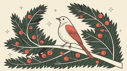 Winter Bird Perched on BerryAdorned Branch Illustration.