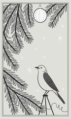 Winter Scene with Bird Ornament and Snowfall Illustration.