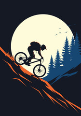 Vector illustration of a person mountain biking down a steep hill against a large moon and pine trees at dusk © PDWN Creative