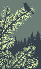 Winter Solitude Bird on Pine Branch in Forest Silhouette.