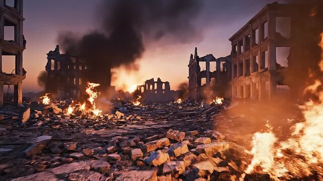 War Torn Cityscape with Fires and Destruction.