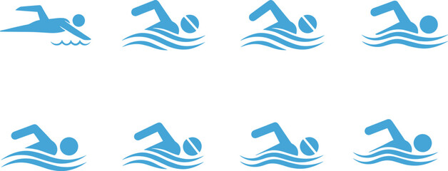 Set of 8 stylized freestyle swimmer icons showing stroke progression and water motion for sports training, swimming technique, and vector illustration use.