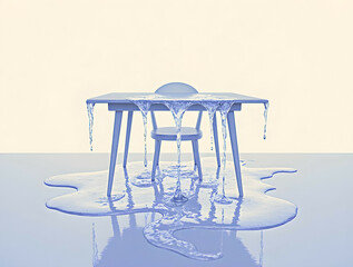 Surreal concept of a melting blue table and chair