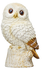 Obraz premium White Owl Figurine Perched on Tree Stump with Gold Accents Isolated on White Background