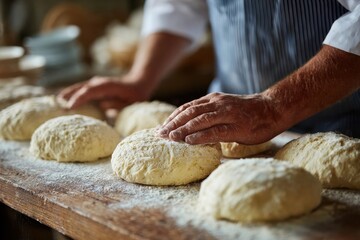 Obraz premium Artisan baker shaping dough loaves on wooden table in bakery setting