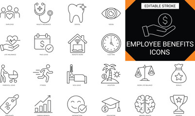 Employee Benefits Icon Set, icons for HR and business, employee, benefits, insurance, remote work, mental health, professional vector set with editable stroke. © MinimalPixel
