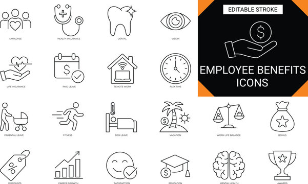 Employee Benefits Icon Set, icons for HR and business, employee, benefits, insurance, remote work, mental health, professional vector set with editable stroke.