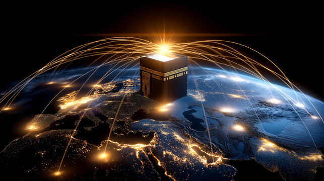 Global connection to Mecca concept, nighttime satellite view of Kaaba and worldwide reach, international Islamic pilgrimage network, spiritual center connectivity, with copy space