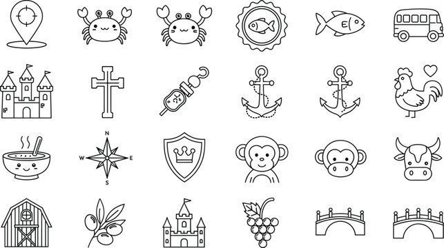 Cute line icons set with animals food travel religion castles nature symbols and playful doodle elements