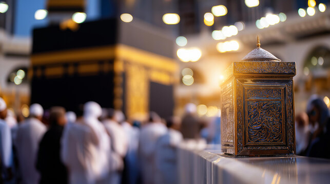 Holy Kaaba with crowd continuously walking around performing Tawaf during Hajj, circumambulation ritual, pilgrimage worship activity, spiritual devotion scene, with copy space